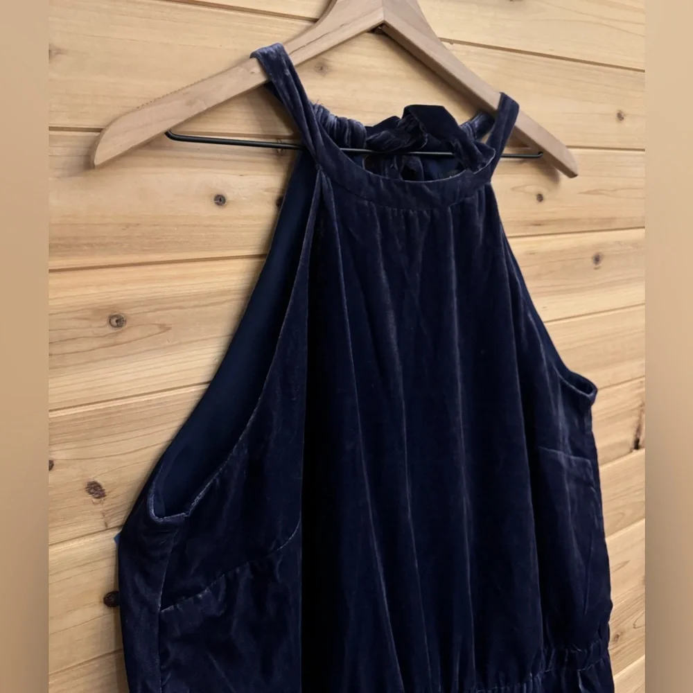 Loft XL Indigo Crushed Velvet Halter Relaxed Jumpsuit Pockets Fall Velour Party
